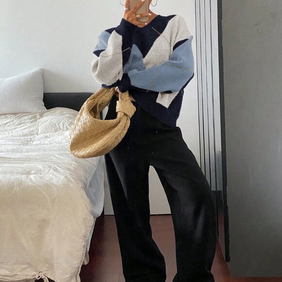 Navy Blue Casual Women's Plaid Loose Fit Long Sleeve Crew Neck Sweater - Picture 5 of 6